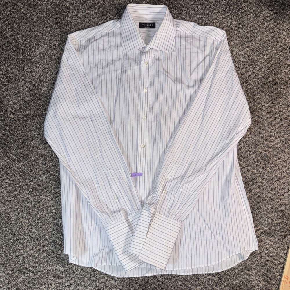 Canali Mens Dress Shirt Size 43 17 White Purple Striped Cotton French Cuff